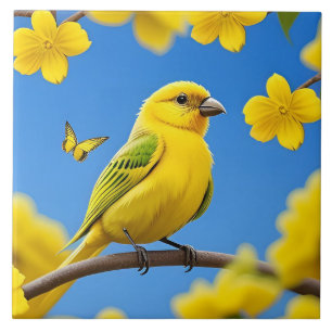 Azulejo Pájaro Cantor Amarillo Brillante Posado en una Ram