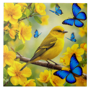 Azulejo Pájaro Cantor Amarillo Brillante Posado en una Ram