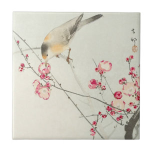 Azulejo Pájaro cantor en rama florida por Ohara Koson