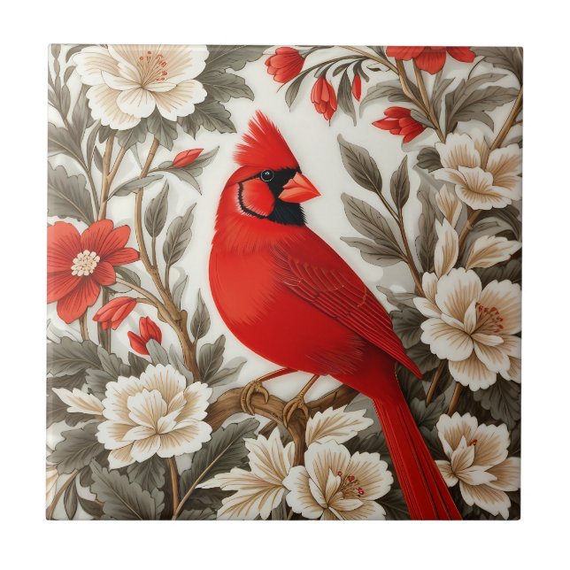 Azulejo Pájaro Cardinal del Norte Floral Hermoso (Frente)
