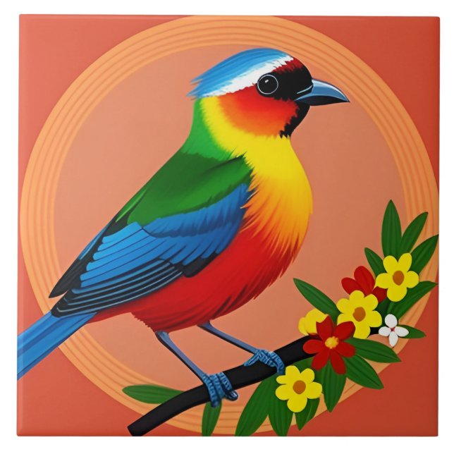 Azulejo Pájaro Colorido Encaramado Entre Flores Vivas (Frente)