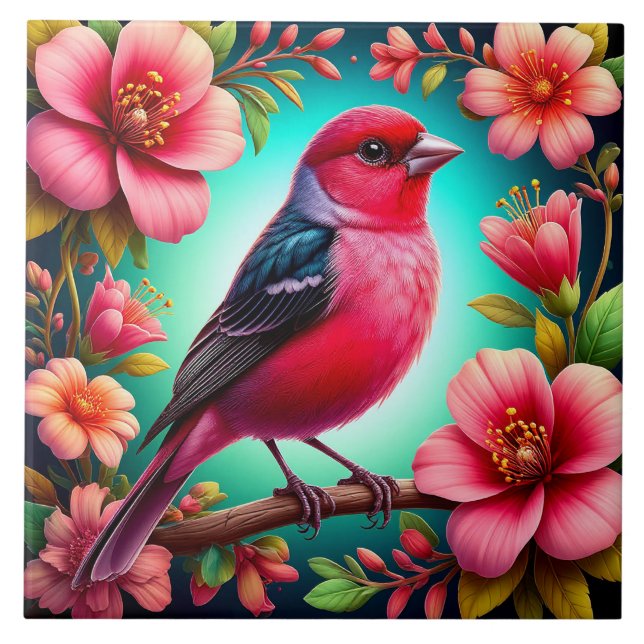 Azulejo Pájaro Colorido Posado en Rama (Frente)