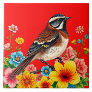 Azulejo Pájaro Colorido Posado Entre Flores