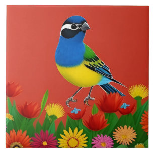 Azulejo Pájaro Colorido Posado Entre Flores Vibrantes