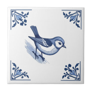 Azulejo Pájaro con esquinas florales azules y blancas de D