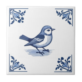 Azulejo Pájaro con esquinas florales azules y blancas de l