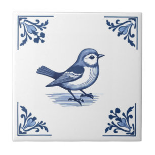 Azulejo Pájaro con esquinas florales azules y blancas de l