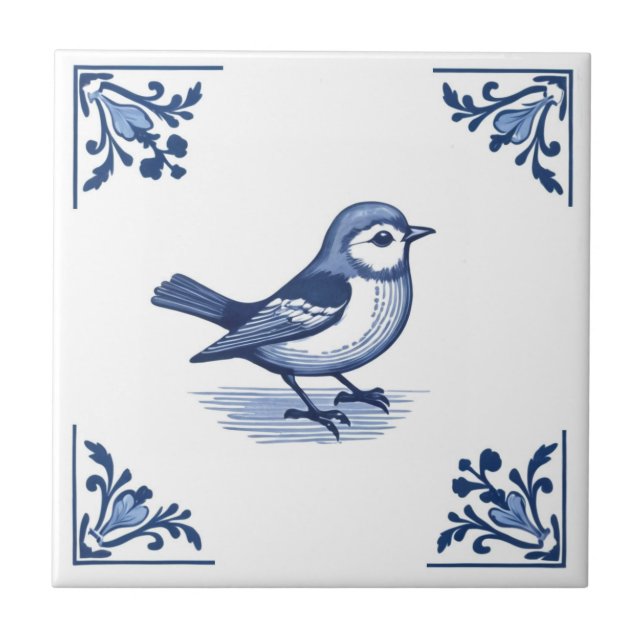 Azulejo Pájaro con esquinas florales azules y blancas de l (Frente)