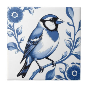 Azulejo Pájaro de finca floral blanca y azul de Goldfinch 