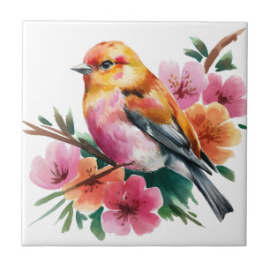 Azulejo Pájaro de Flor Rosa