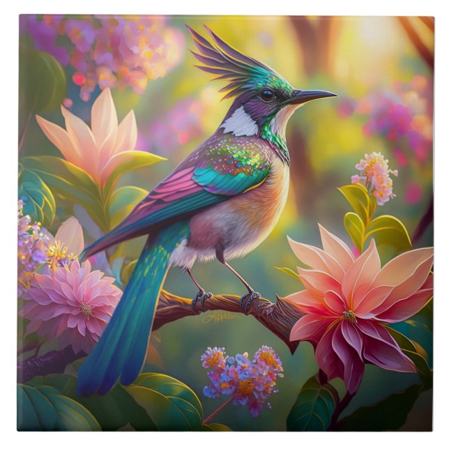 Azulejo Pájaro de Jay Fantasy con cabeza verde (Frente)