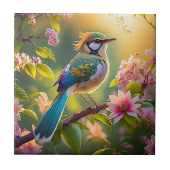 Azulejo Pájaro de la Fantasía Verde azulada con Cabecera V (Frente)