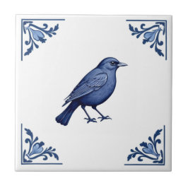 Azulejo Pájaro de las esquinas florales azules y blancas D