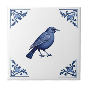 Azulejo Pájaro de las esquinas florales azules y blancas D