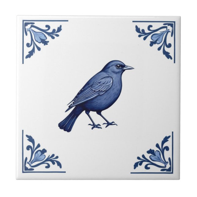 Azulejo Pájaro de las esquinas florales azules y blancas D (Frente)