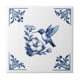 Azulejo Pájaro de las esquinas florales blancas azules de 