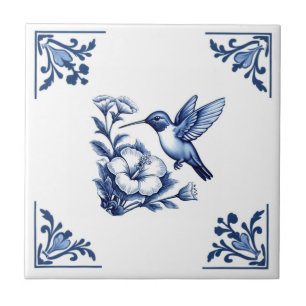 Azulejo Pájaro de las esquinas florales blancas azules de 