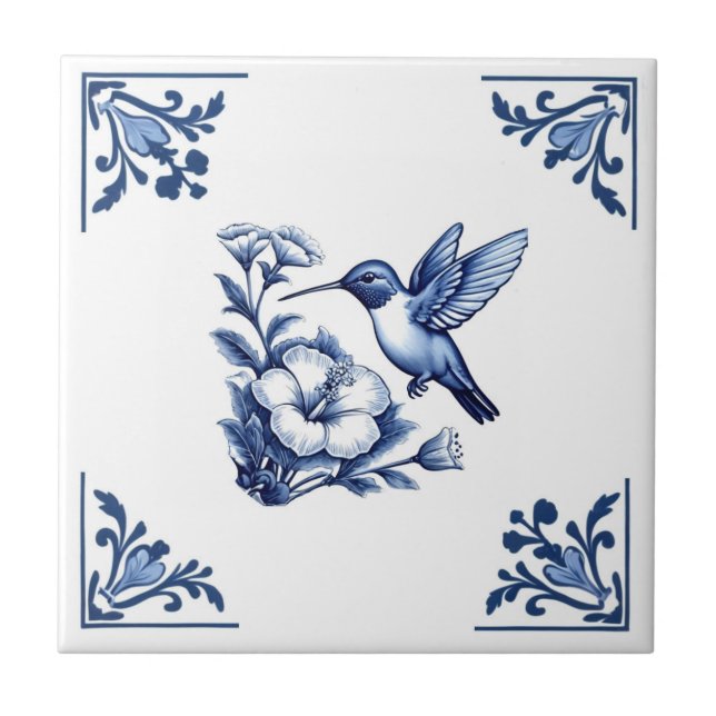 Azulejo Pájaro de las esquinas florales blancas azules de  (Frente)
