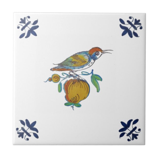 Azulejo Pájaro Delft en la sucursal con Fruit Repro c. Mos (Frente)