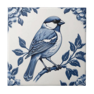 Azulejo Pájaro floral azul y blanco resplandeciente