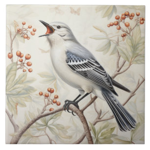Azulejo Pájaro Gris Cantando en Ramas de Bayas