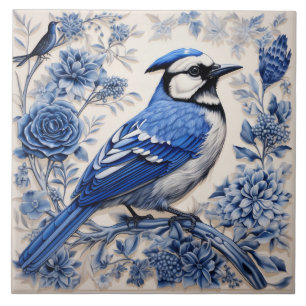 Azulejo Pájaro Inspirado en Arrendajo Azul con Flores Azul