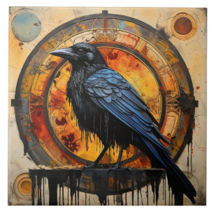 Azulejo Pájaro inspirado en cuervo con reloj de ámbar