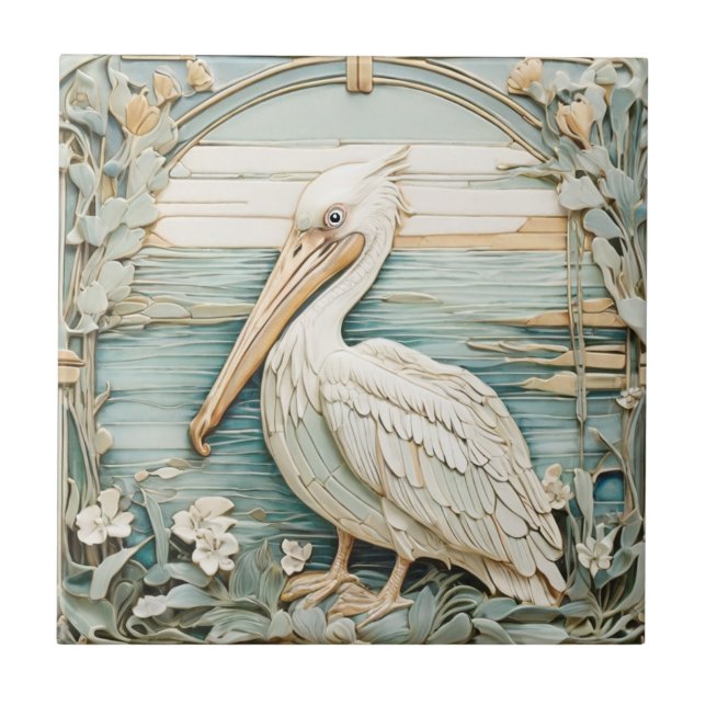 Azulejo Pájaro marino pelicano Art Nouveau Faux Relief Min (Frente)