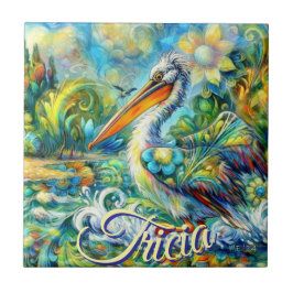 Azulejo Pájaro pelicano personalizado en floral de Wonderl