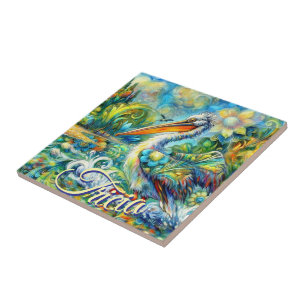 Azulejo Pájaro pelicano personalizado en floral de Wonderl