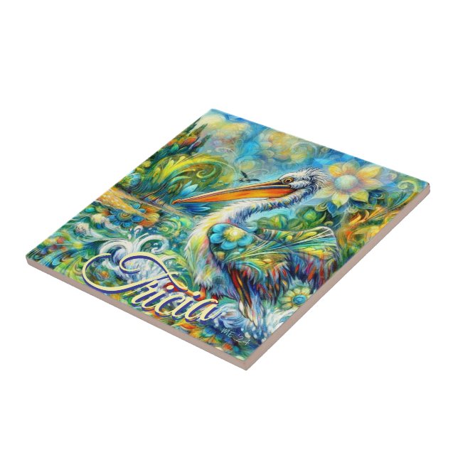 Azulejo Pájaro pelicano personalizado en floral de Wonderl (Lado)