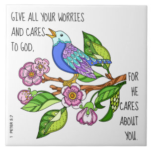 Azulejo Pájaro pintado, con verso de 1 Peter 5:7