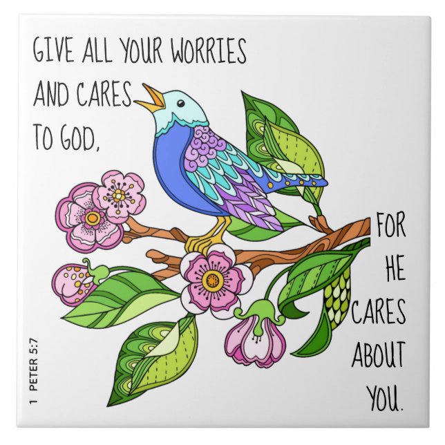 Azulejo Pájaro pintado, con verso de 1 Peter 5:7 (Frente)