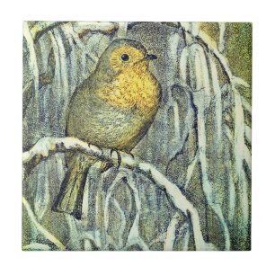 Azulejo Pájaro Robin vintage bonito en una rama nevada