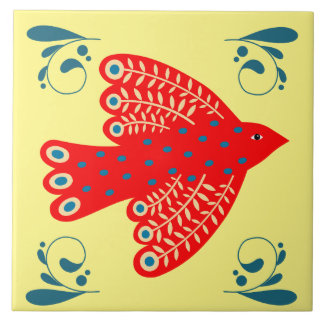 Azulejo pájaro rojo folklórico sobre fondo amarillo Izquie
