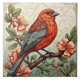 Azulejo Pájaro Rojo y Flores de Melocotón Art Nouveau