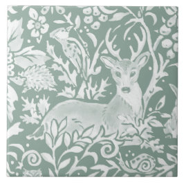 Azulejo Pájaro Rústico Sage Green Deer Woodland Hedgehog