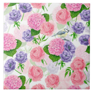 Azulejo Pájaro tetón y flores