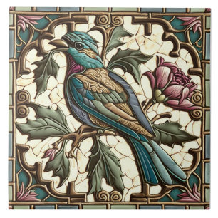 Azulejo Pájaro Verde Azul y Flor de Rosa Art Nouveau