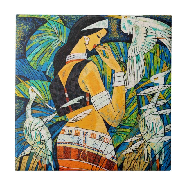 Azulejo Pájaros abstractos orientales de la señora del (Frente)