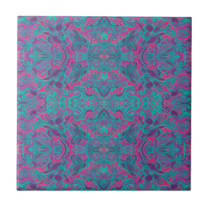 Azulejo Pájaros Arabescos Turquesa Púrpura Fuchsia