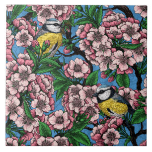 Azulejo Pájaros azules en el floreciente cerezo en azul