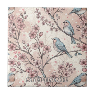 Azulejo Pájaros Azules Pastel con Flor de Cerezo Rosa