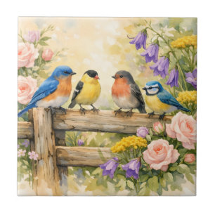 Azulejo Pájaros cantores al aguarela en la cerca de madera
