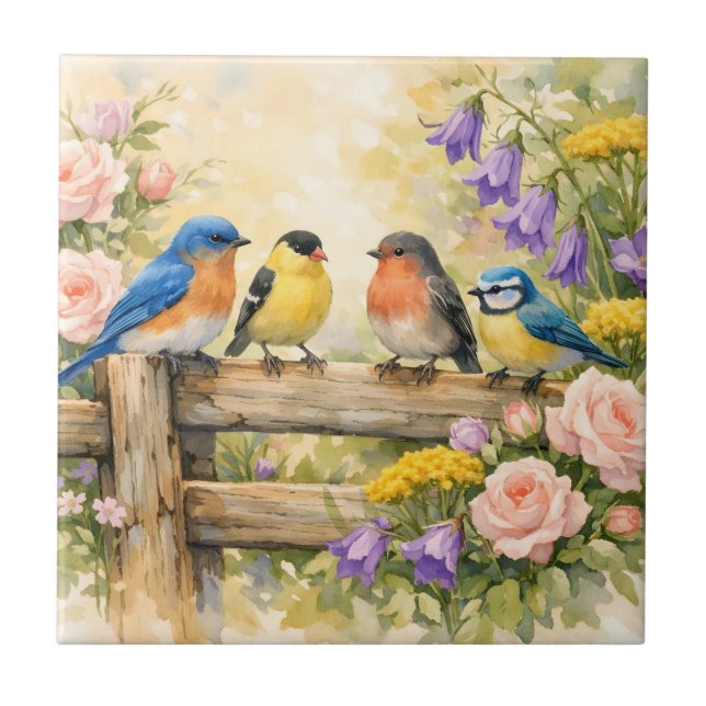 Azulejo Pájaros cantores al aguarela en la cerca de madera (Frente)