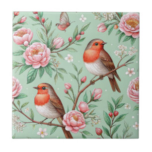 Azulejo Pájaros Cantores Artísticos Flor Rosa - Paleta de