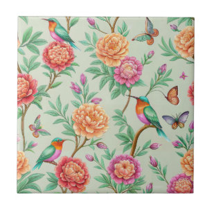 Azulejo Pájaros Cantores Coloridos Flores Naranjas Hojas V