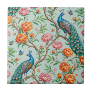 Azulejo Pájaros Cantores Flores Hojas Fondo Botánico de Me