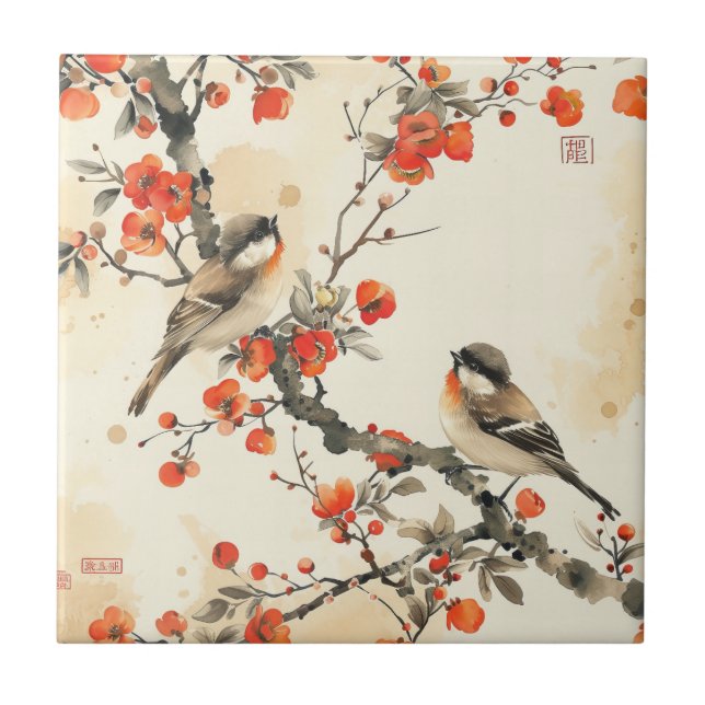 Azulejo Pájaros cantores orientales y flor - Asiático trad (Frente)