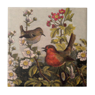 Azulejo Pájaros Cantores Robin Botánico Floral Vintage